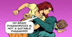 Humorous image of girl-boss berating employee for bad password.