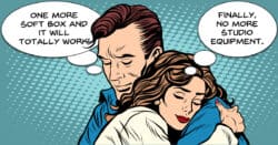 Retro couple disagreeing on studio expenditure.