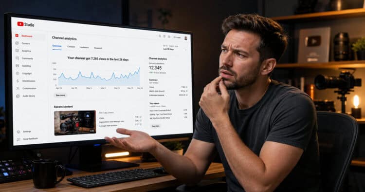 Confused YouTuber looking at YouTube Studio interface.